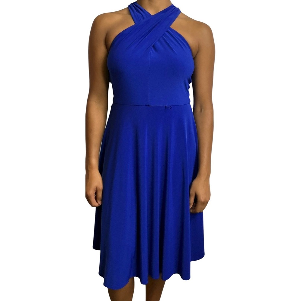 Tahari Royal Blue Dress‎ Crisscross Halter Neck Sleeveless Midi Party Cocktail 4